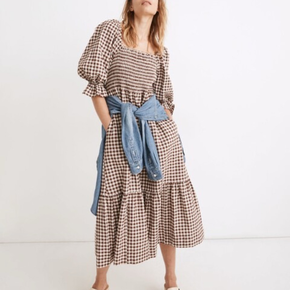 Madewell Brown Gingham Midi Dress with Blue Denim Accent
